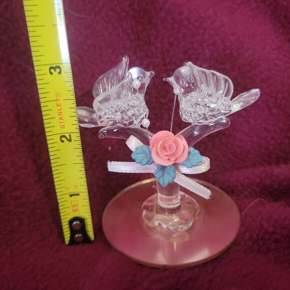 Glass Lovebirds With Pink Rose & Ribbon On Glass Base - Picture 5 of 5